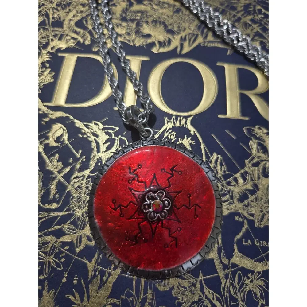 Y2k Large Red Tribal Silver Tone Pendant with Roap Chain Necklace
